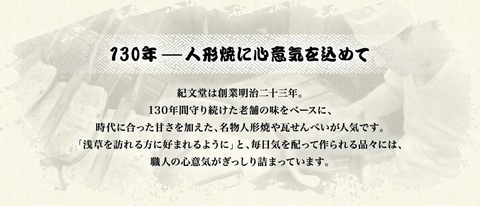 120年 人形焼に心意気を込めて。紀文堂は創業明治23年。120年間守り続けた老舗の味をベースに、時代に合った甘さを加えた、名物人形焼や瓦せんべいが人気です。